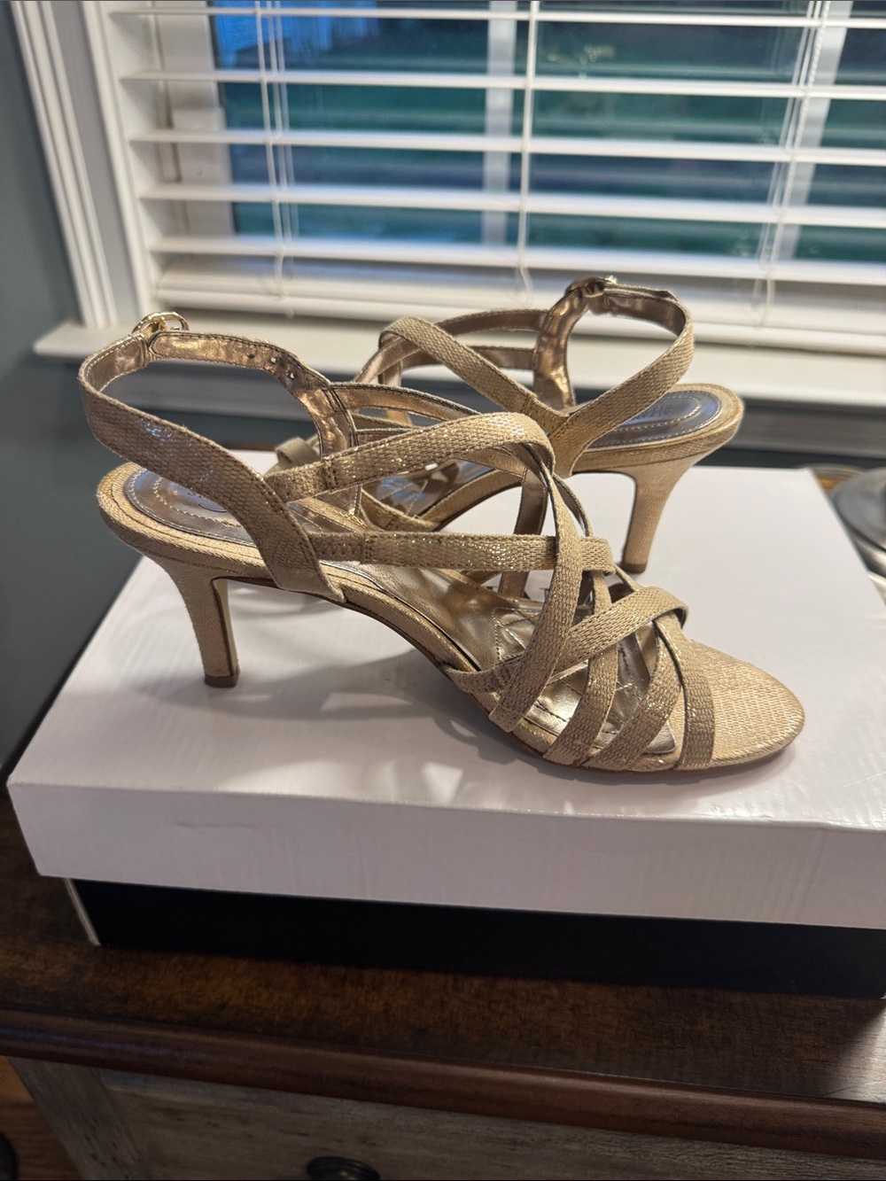Gold Strappy Mid-Heel Sandals for Women